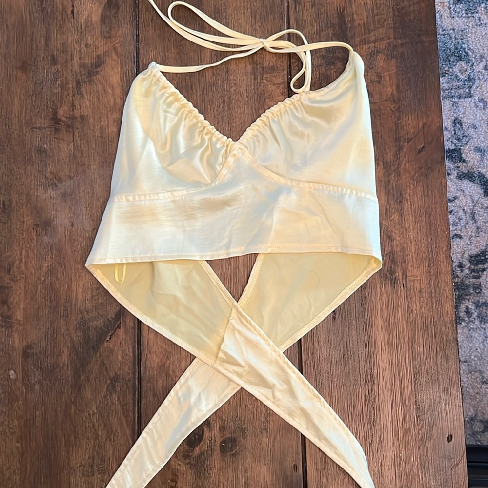 Victoria + Sophia Yellow Satin Halter Top Size S